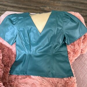 Ann Taylor Faux Leather V-Neck Peplum